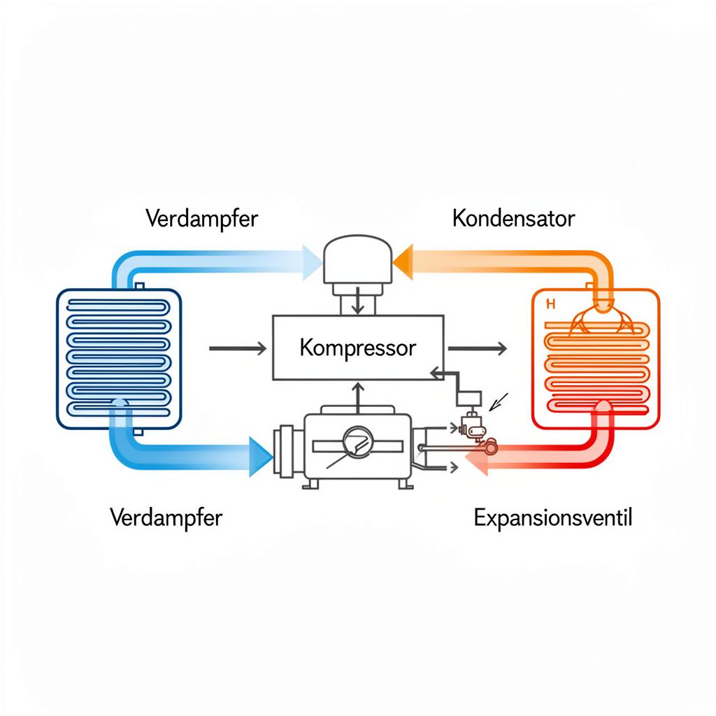 Schematische Darstellung des Kältemittelkreislaufs einer Wärmepumpe / Klimaanlage