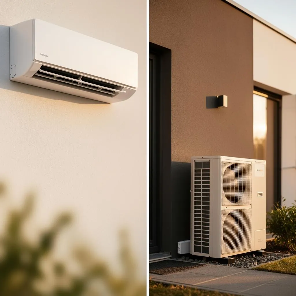 Vergleich Klimaanlage und Wärmepumpe – Außengeräte nebeneinander am Wohnhaus